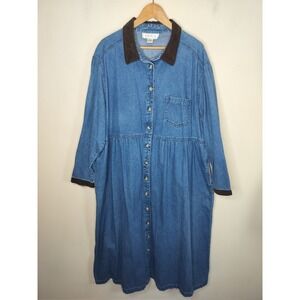 Kate & Co Womens 3X Denim Maxi Dress Button Up Corduroy Trim Modest Vtg 90s